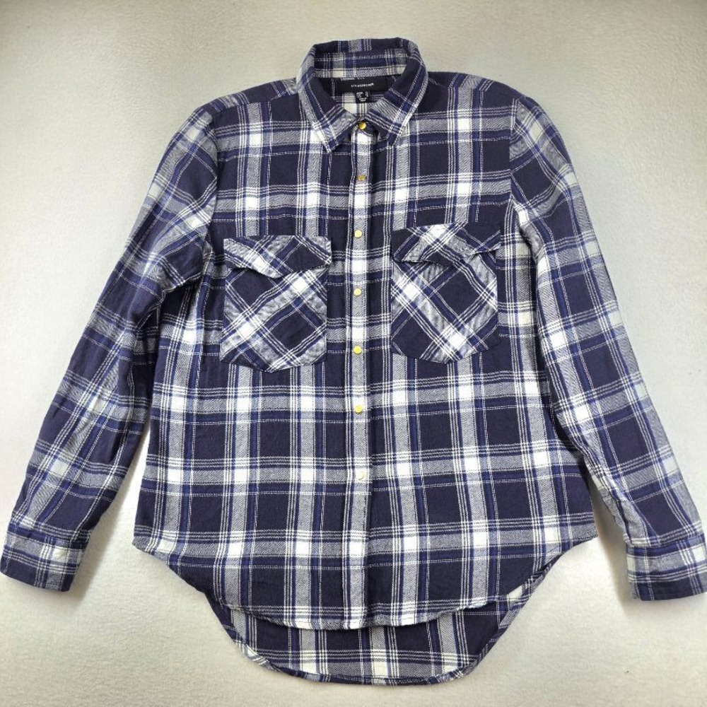 Atmosphere Womens Navy Blue White Plaid Cotton Button Down Shirt Size 8 Medium